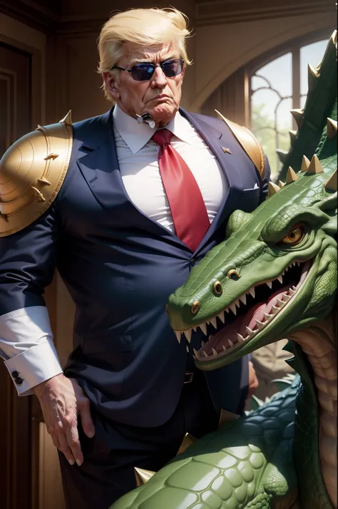 Realistic image of Donald Trump，Ultra-realistic quality，a old man，Big chest，wearing an outfit，Wearing crocodile dragon armor，Wearing a crocodile head hat，Muscle men， Man ，Wear half-moon glasses，Realiy