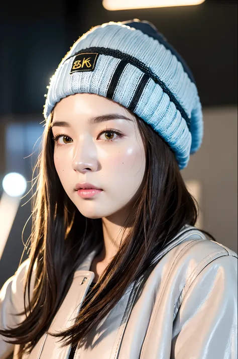 (
(8k:1.27), best quality, masterpiece, ultra highres:1.2) Photo of Pretty Japanese woman
 (beautiful:1.1) (sci-fi warrior woman:1.1) space soldier, (beanie:1.61) (leather jacket:1.21) intricate elegant, fantasy, detailed, ometric by greg rutkowski and alp...