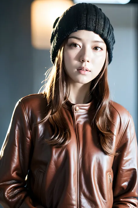 (
(8k:1.27), best quality, masterpiece, ultra highres:1.2) Photo of Pretty Japanese woman
 (beautiful:1.1) (sci-fi warrior woman:1.1) space soldier, (beanie:1.61) (leather jacket:1.21) intricate elegant, fantasy, detailed, ometric by greg rutkowski and alp...