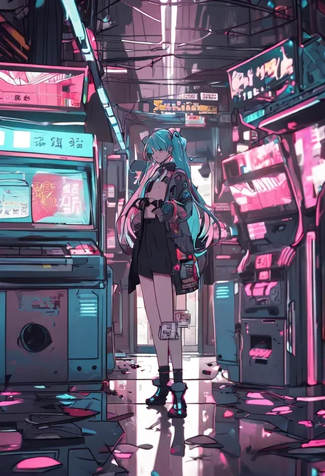 Modern Simulation，Anime-style environment wide-angle shooting，Nightly chaotic arcade shots; Hatsune Miku of streetwear;科幻小说. 。.。.3D. Environmental Arcade Art.，Cyberpunk Personality，firearm