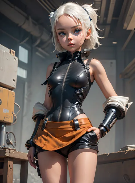 (masterpiece), (best quality), (ultra-detailed), short white hair, blue eyes, chibi style, girl one hand in pocket, bare shoulder, oversized jacket, black sleeveless shirts, (futuristic bodysuit), brown stockings, black sneakers, (mechanical head ornament)...