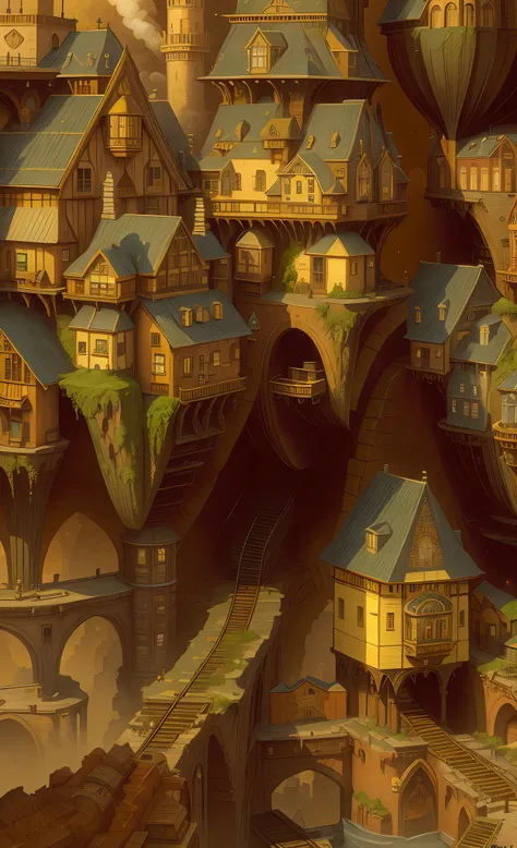 there is a painting of a train on the tracks in front of a building, realistic painting of a complex, fractal buildings, town background, fantasy cityscape, victorian steampunk city vista, colorful warcraft architecture, medeival fantasy town, solarpunk vi...