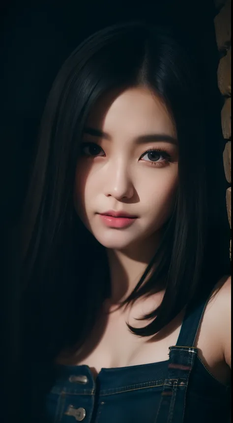 realistic photos of 1 cute Korean star, hair between eyes, white skin, thin makeup, 32 inch breasts size, slightly smile, black crop top, jeans, in the cave, with lantern bright light, close-up portrait, chromatic aberration, Gothic art, UHD