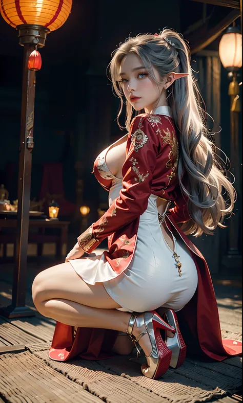 （Redcoat：1 silver-haired girl, Close up）， tmasterpiece， best qualtiy， RAW photogr， realisticlying， the face， Incredibly Ridiculous res， Beautiful elf beauty， ear studs，(Kneeling pose,Point at you with your ass )(Long silver hair)， (Red wedding dress+)，Chin...