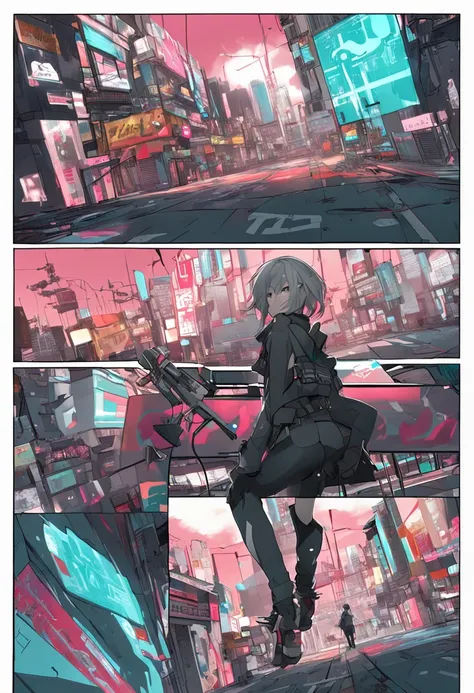 Modern Simulation，Anime-style environment wide-angle shooting，Nightly chaotic arcade shots; Hatsune Miku of streetwear;科幻小说. 。.。.。.3D. Environmental Arcade Art.，Cyberpunk Personality，firearm,A sexy,Dynamic poses