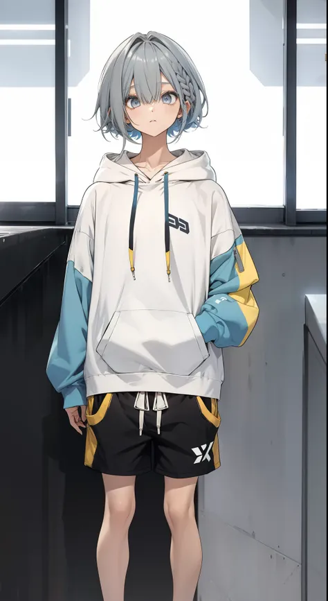 Big hoodie and shorts、Hair is gray、Eyes are light blue and yellow, is standing、Bob Hair、shoun