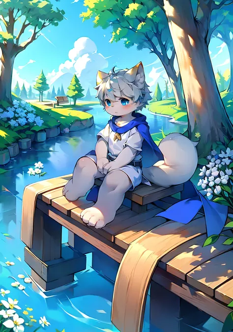 "(Furry: 1.2), fluffy tail, small male fox, bright blue eyes, gray hair with a cape, spring field, a small wooden bridge by the quiet river, a large tree with white flowers, cute appearance."