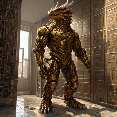 Humanoid golden mechanical dragon，Holding white sandals，Standing on the tiled floor of the apartment。high-definition image，Rich and realistic in detail，high qulity。Extremely detailed CG