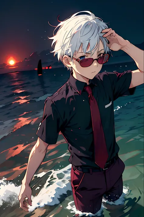 Dynamic pose, dynamic angle,from afar,((night)), beach, calm water without waves,boy at the waters edge,boy looking out to sea,arms outstretched towards the sea,messy spiky white hair, light blue eyes, purplish black suit, no tie, purplish black shirt, pur...