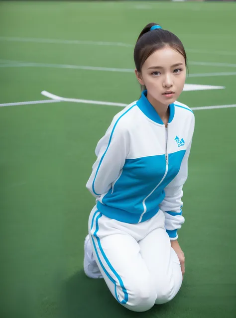 1 very beautiful female high school student，Wear blue and white tracksuits，Kneel on the grass of a football field and play with the ball，（Kneel on the grass，The posture is diverse:1.0），Super high value，perfect body figure，Beautiful short ponytail，Delicate ...