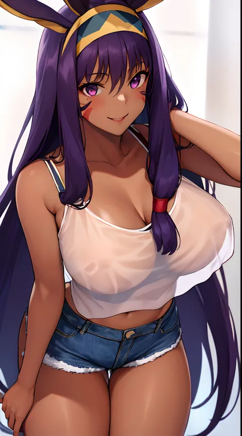 masterpiece, best quality, highres, nit1, animal ears, dark skin, long hair, facial mark, hairband, camisole, see through shirt, , denim shorts, open shorts, standing, thighs, breasts, from brlow, smile