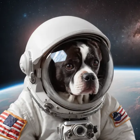 Cachorro com roupa de astronauta: Represente um cachorro realista vestindo uma roupa de astronauta, com todos os detalhes da roupa, como capacete, spacesuit and insignia. Pay attention to the dogs details, como texturas do pelo, olhos, muzzle and facial ex...