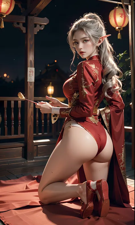 （Redcoat：1 silver-haired girl, Close up）， tmasterpiece， best qualtiy， RAW photogr， realisticlying， the face， Incredibly Ridiculous res， Beautiful elf beauty， ear studs，(Kneeling pose,Point at you with your ass )(Long silver hair)， (Red wedding dress+)，Chin...