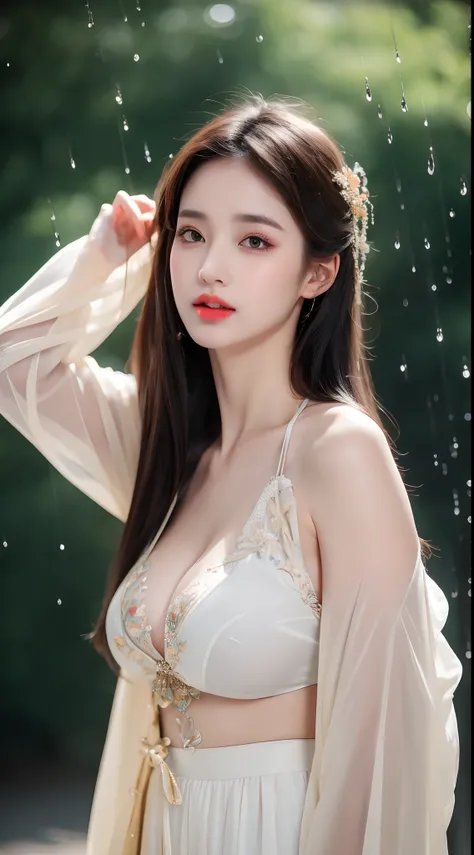 ((Best Quality, 8k, Masterpiece: 1.3)), Focus: 1.2, Perfect Body Beauty: 1.4, Buttocks: 1.2, ((Layered Haircut)), (Wet Clothes: 1.1), (Rain, Street:1.3), (Breasts: 1.2), (Hanfu: 1.2), Bare Shoulders, Bare Legs, Highly Detailed Face and Skin Texture, Fine E...