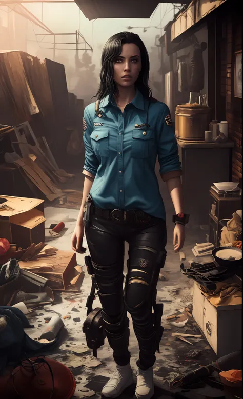 Dark and gloomy full-body 8K drive rendering, ciborgue adolescente feminino, cabelo azul, vestindo armadura de batalha quebrada, in cluttered and messy shack, action shot, camisa rasgada esfarrapada, pele rachada de porcelana, poros da pele, detailed intri...