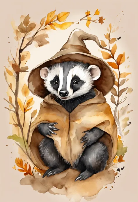 Baby Badger Drawing. ele esta usando um cachecol da lufa-lufa amarelo e preto. A brown witch hat is on his head covering one of his eyes