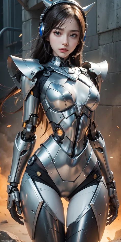 photorealistic, high resolution, soft light,1women, solo, hips up, shining skin, (detailed face), mecha musume, mechanical parts, robot joints, headgear, full armor