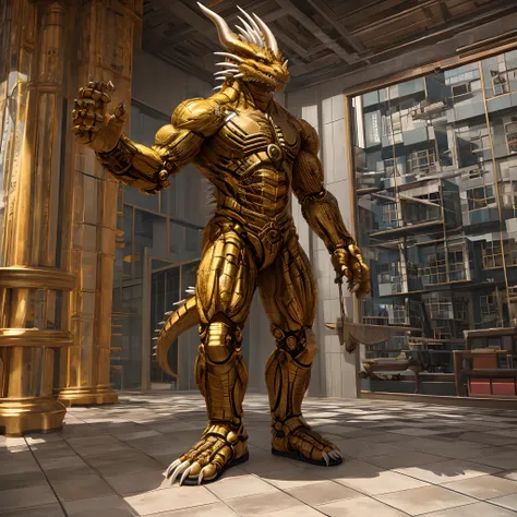 Humanoid golden mechanical dragon，wearing a white skirt，sandals，Standing on the tiled floor of the apartment。high-definition image，Rich and realistic in detail，high qulity。Extremely detailed CG