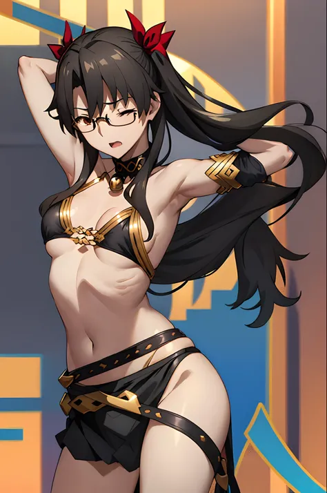 ereshkigal, black-framed eyewear, solo, bangs, open mouth, very long hair, straight hair, arms up, one eye closed, (masterpiece:1.6, best quality), (finely detailed beautiful eyes: 1.2), (masterpiece), (best quality), (shiny hair), (shiny skin), (shiny ski...