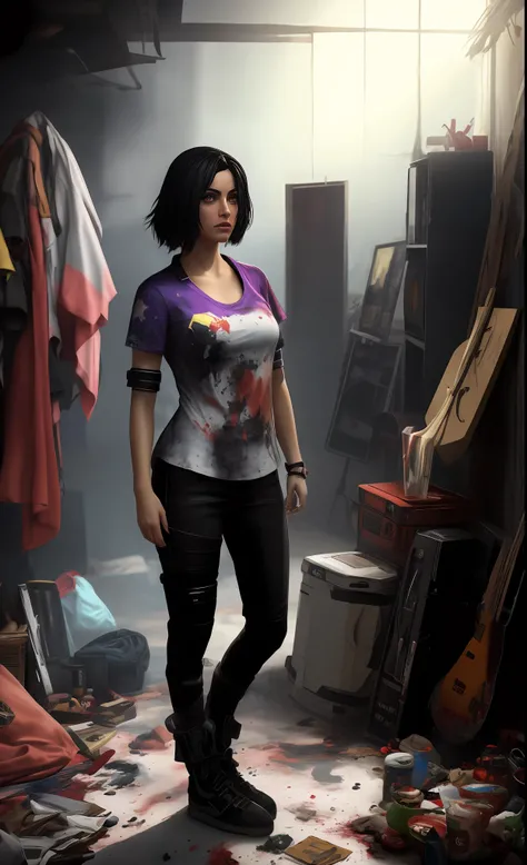 Dark and gloomy full-body 8K drive rendering, ciborgue adolescente feminino, cabelo azul, vestindo armadura de batalha quebrada, in cluttered and messy shack, action shot, camisa rasgada esfarrapada, pele rachada de porcelana, poros da pele, detailed intri...