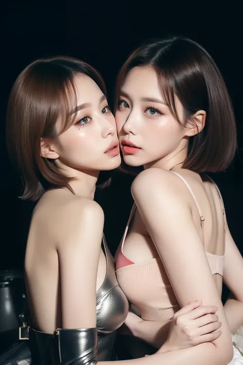 2girls、the kiss、embracing each other、Hot kiss、Top image quality、Raw photography、超A high resolution、An 18-year-old woman、round breast、Metallic Black Tube Top、Black leather skirt、Beautiful Eyes of Details、very elongated eyes、Beautiful eyelashes、Beautiful dou...