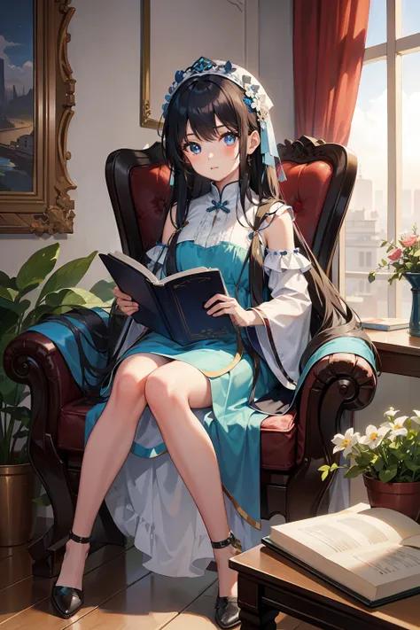 A young girl with long hair in a blue dress sits on a cradle chair reading a large book,Skysky，baiyun，Elevation viewing angle , Ultra detailed, fine art, Evocative