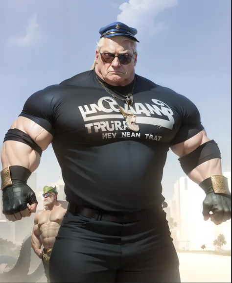 Realistic image of Donald Trump，Ultra-realistic quality，a old man，Big chest，wearing an outfit，Wearing crocodile dragon armor，Wearing a crocodile head hat，Muscle men， Man ，Wear half-moon glasses，Realiy，Blue whale in hand