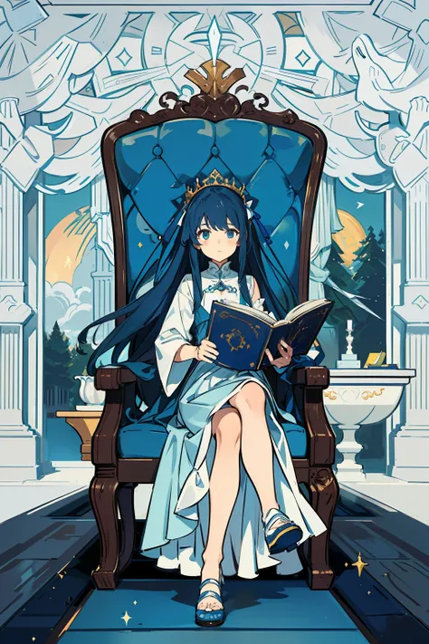 A young girl with long hair in a blue dress sits on a cradle chair reading a large book,Skysky，baiyun，Elevation viewing angle , Ultra detailed, fine art, Evocative