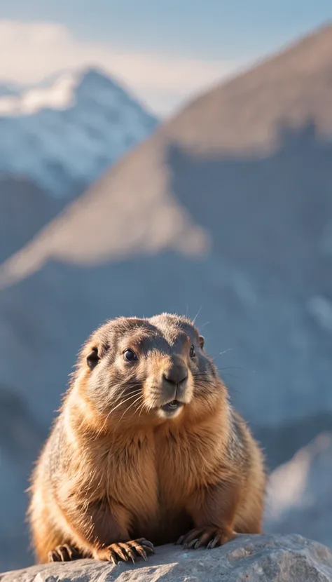 a cute fluffy chubby marmot sunbathing on a pile of rocks, snow mountains background, turquoise glacier lake afar, clear blue sky, highly detailed, golden hour, natural light, octane render, unreal engine