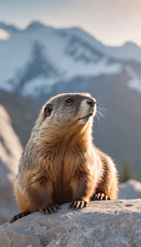 a cute fluffy chubby marmot sunbathing on a pile of rocks, snow mountains background, turquoise glacier lake afar, clear blue sky, highly detailed, golden hour, natural light, octane render, unreal engine