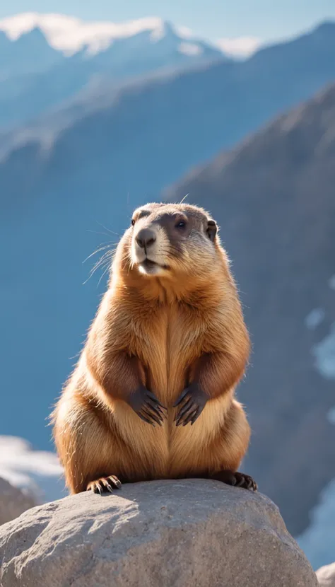 a cute fluffy chubby marmot sunbathing on a pile of rocks, snow mountains background, turquoise glacier lake afar, clear blue sky, highly detailed, golden hour, natural light, octane render, unreal engine