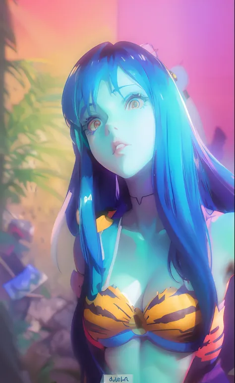 Anime girl posing in front of wall in bikini with blue hair and tiger print, Nico Robin, anime cgi, dreamy psychedelic anime, Anime style mixed with Fujifilm, portrait knights of zodiac girl, anime cgi style, Anime style. 8K, anime styled 3d, anaglyph effe...