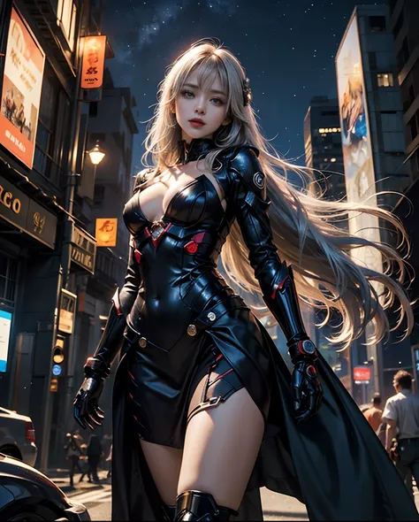 Gradient Color Hair、long fluttering silver hair、long hair flowing with the wind、Breasts are small and B size、Cleavage is visible。photoRealstic、Colorful Evangelion-style metal mecha suit、detailed mechanical components、Metal cylinder、Fine parts、Giant robot s...