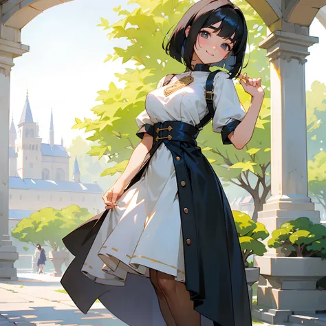 With the best image quality、Teenage girl standing alone outdoors。In high resolution、Beautiful fine details、tranquil atmosphere。((Black Hair Bob Hair))、Cute smile。(((breasts are large)))、I dont have anything in my hands、realistic hand、Medieval European nati...