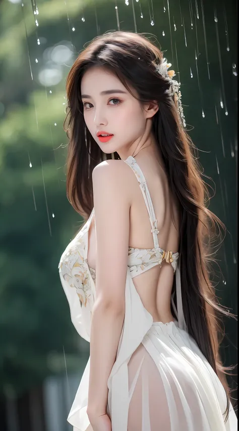 ((Best Quality, 8k, Masterpiece: 1.3)), Focus: 1.2, Perfect Body Beauty: 1.4, Buttocks: 1.2, ((Layered Haircut)), (Wet Clothes: 1.1), (Rain, Street:1.3), (Breasts: 1.2), (Hanfu: 1.2), Bare Shoulders, Bare Legs, Highly Detailed Face and Skin Texture, Fine E...