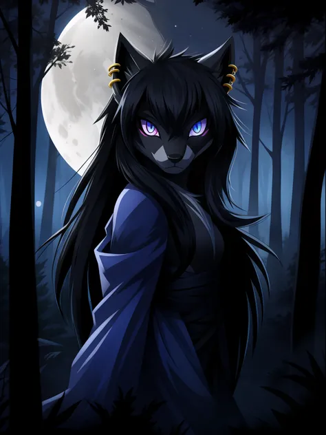 "Mystic Bandit", a mysterious figure with piercing eyes and flowing hair, lurking in the shadows of a moonlit forest.