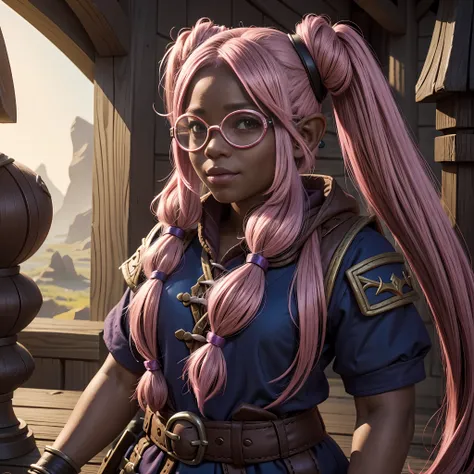 dnd portrait of gnome, adult female gnome, dark skin, candy pink hair, topknot twintails, goggles