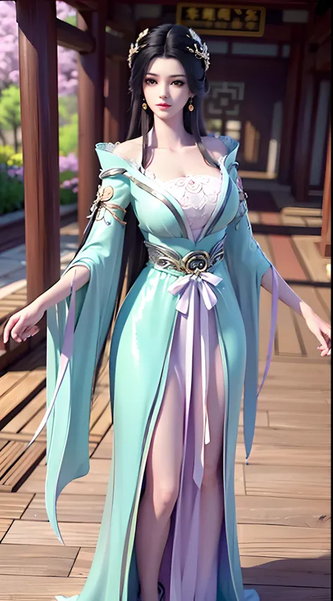 Solo, 1 Beautiful Female, Wuxia World, (1 Girl), (Full Body), (Xiuxian World), (large breasts), Chinese Immortal Wuxia, (Purple Cross-collared Top, Ancient Long Skirt, Embroidered Cape, Streamer), Brunette Hair, Chinese Coiled Bun, Hairpin, Light Pink Lips...