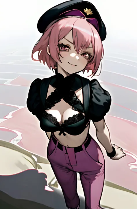 (Anime japonais), Scene seen from above, 1 standing girl looks up sternly, les mains sur les anches, short pink square hair, Big lit detailed clean pink eyes, pantalon militaire ample kaki, Black slanted military cap, en soutien-gorge en dentelle noire, pe...