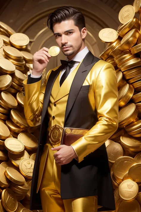 Um homem vestido de ouro (personagem) rodeado por milhares de moedas brilhantes, holding gold in both hands, while money in reais spreads on the ground."