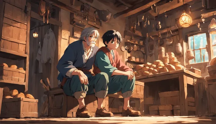 old peasant craftsman and a peasant boy, adventurous, wearing shoes in a shop