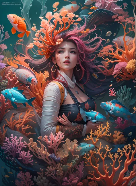 model shoot tyle, (highly detailed CG unit 8k wallpaper), A chaotic storm of complex liquid smoke in your head, Stylized abstract portrait of a beautiful girl, wetted skin,Koi，Carp Festival | | |，Koi Band,carp，Odd-shaped coral，ocean floor，Beautiful coral r...