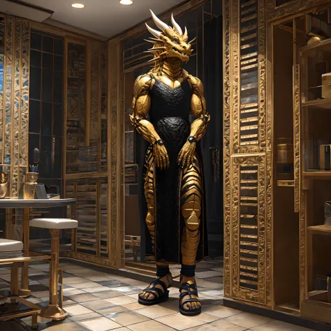 Humanoid golden mechanical dragon，wearing a black dress，sandals，Standing on the tiled floor of the apartment。high-definition image，Rich and realistic in detail，high qulity。Extremely detailed CG