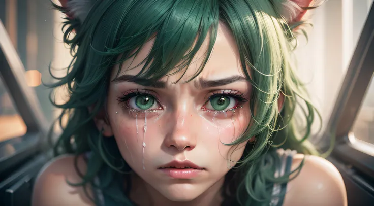 green hair, crying with eyes open, cat ears, sad, Futurism, HD, 4K, 8k, 16k, masterpiece, ccurate, anatomically correct, super detail, HD, 4K, 8k, 16k, masterpiece, ccurate, anatomically correct, super detail