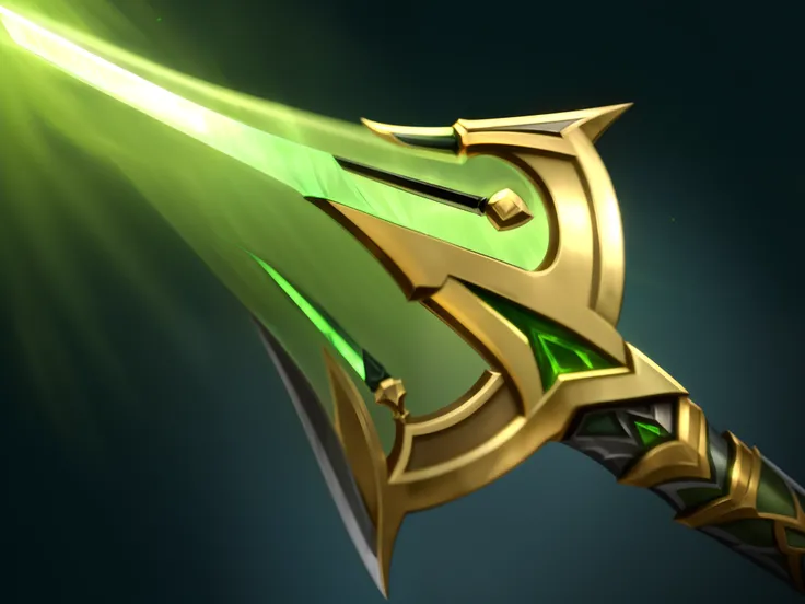 Close-up of a green and gold spear，Long green hairs，Spear weapons，Behind the light shines, glowing green soul blade, The sword, league of legends inventory item, Glowing sword, shinning sword, Fantasy Blade, Shining sword, zenra taliyah, Magic Sword, jagge...