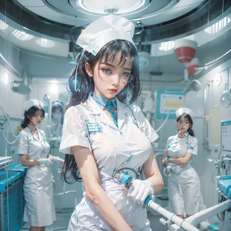 (A modern operating room with dazzling blue LED lighting), ((A very beautiful nurse takes off her clothes in an operating room with many nursing assistants)). (wearing a white silk nurse dress: 1.5). 40k, photo, masterpiece, top quality, (gorgeous hair). B...