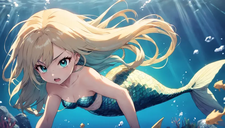 Mermaid girl anime, mermaids, Angry girl, Blonde girl, mermaids, waterpower, blonde flowing hair, flat anime style shading, anime woman, anime-style character, flat anime style, powerful posing, blond hairbl, Mermaid costume, powerful posing, aquatic, Powe...