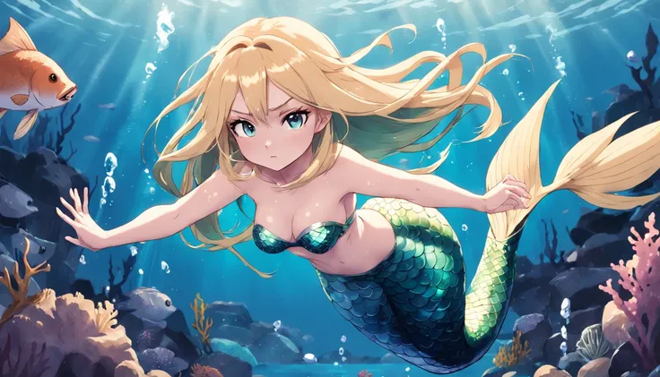 Mermaid girl anime, mermaids, Angry girl, Blonde girl, mermaids, waterpower, blonde flowing hair, flat anime style shading, anime woman, anime-style character, flat anime style, powerful posing, blond hairbl, Mermaid costume, powerful posing, aquatic, Powe...