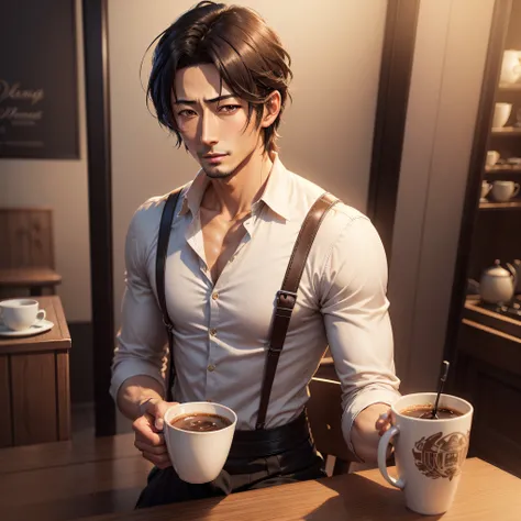 Morning coffee at a fashionable café, 1人, Dean Fujioka, Realistic anime art style, Anime Realism Style, artwork in the style of guweiz, Handsome stunning realistic, Realistic art style, digital anime illustration, semi realistic anime, Anime portrait of a ...