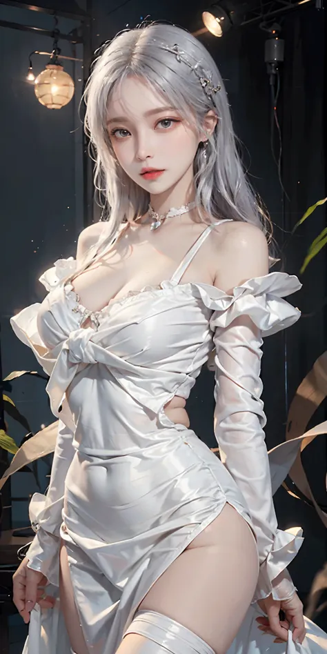 photorealistic, high resolution, soft light,1women, solo, hips up, shining skin, (detailed face), The dress takes on an easy shape with pretty elasticated flutter sleeves and a pretty v-neck, stage lights, ((looking at viewer:1.4)), white hair